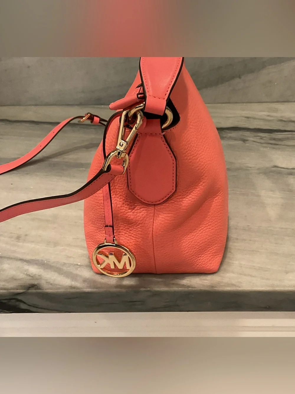 Michael Kors Coral Pebbled Leather Shoulder Bag with Gold Hardware